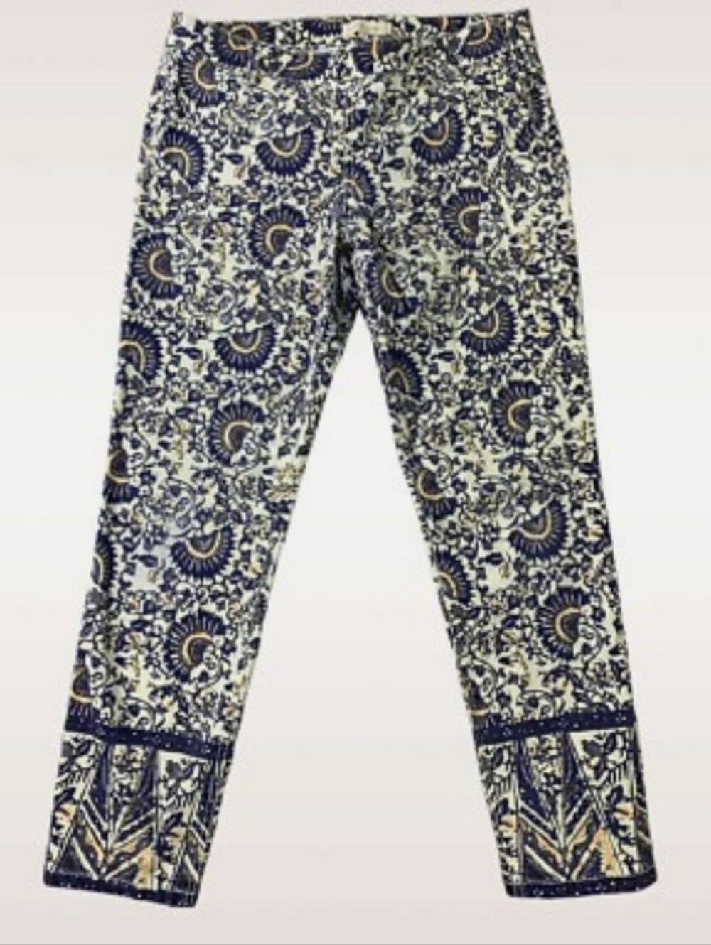 Tory Burch Navy and White Printed Slim Ankle Pants